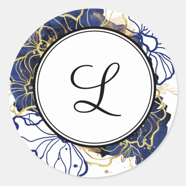 Navy Blue and Gold Floral Monogram Sticker (Front)