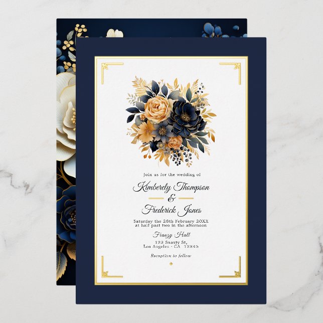 Navy Blue and Gold Floral Wedding (Front/Back)