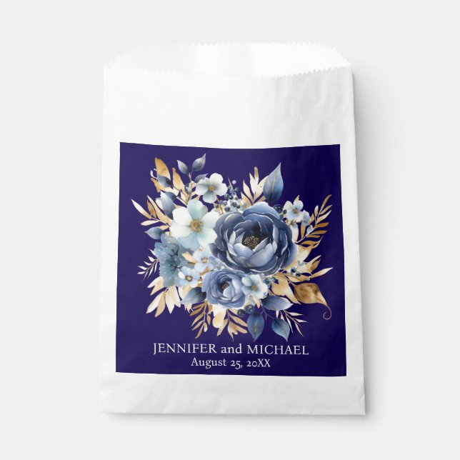 Navy Blue and Gold Floral Wedding Favour Bags (Front)