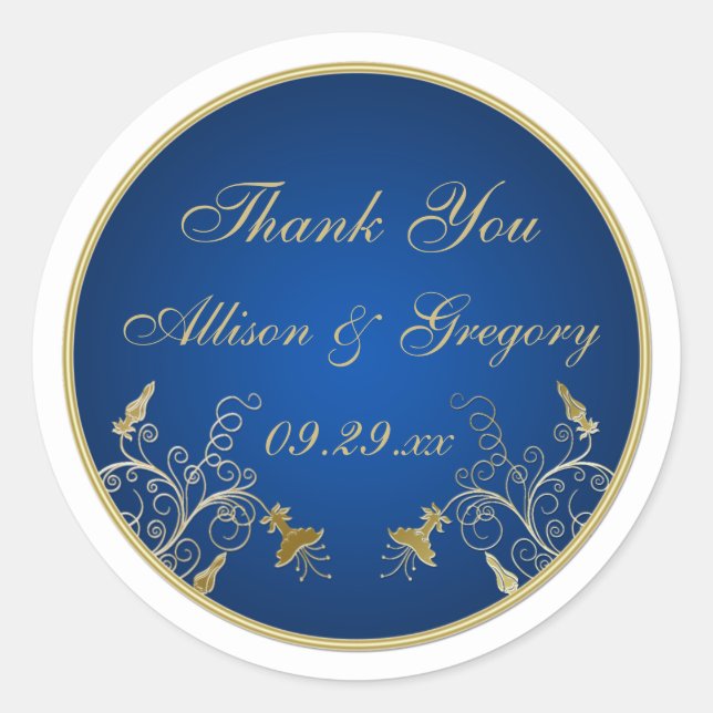 Navy Blue and Gold Floral Wedding Favour Sticker (Front)