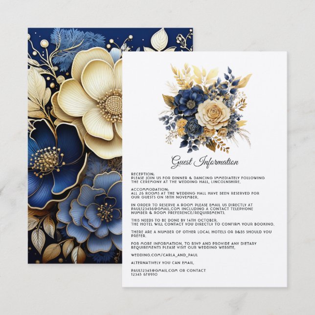 Navy Blue and Gold Floral Wedding Guest Details Enclosure Card (Front/Back)