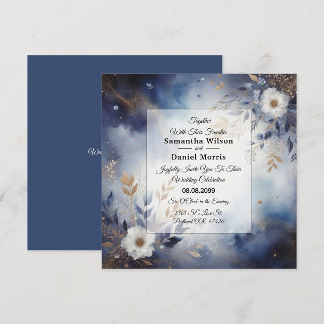Navy Blue and Gold Floral Wedding  Invitation (Front/Back)