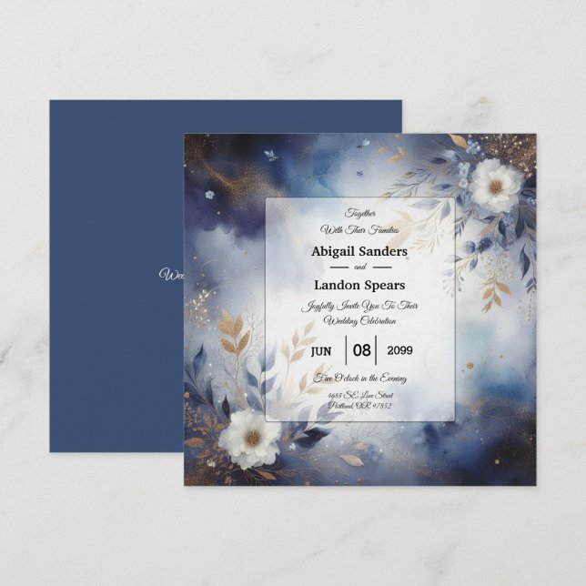 Navy Blue and Gold Floral Wedding  Invitation (Front/Back)