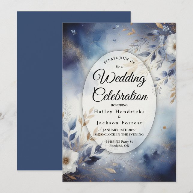 Navy Blue and Gold Floral Wedding Invitation (Front/Back)