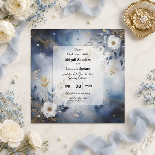 Navy Blue and Gold Floral Wedding Invitation