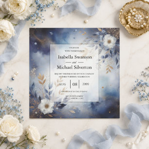 Navy Blue and Gold Floral Wedding Invitation