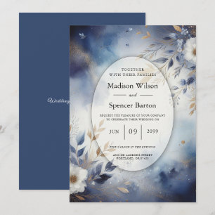 Navy Blue and Gold Floral Wedding Invitation