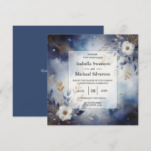Navy Blue and Gold Floral Wedding  Invitation