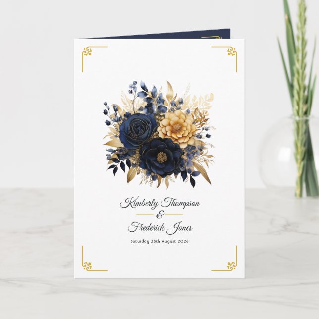 Navy Blue and Gold Floral Wedding Programme (Front)