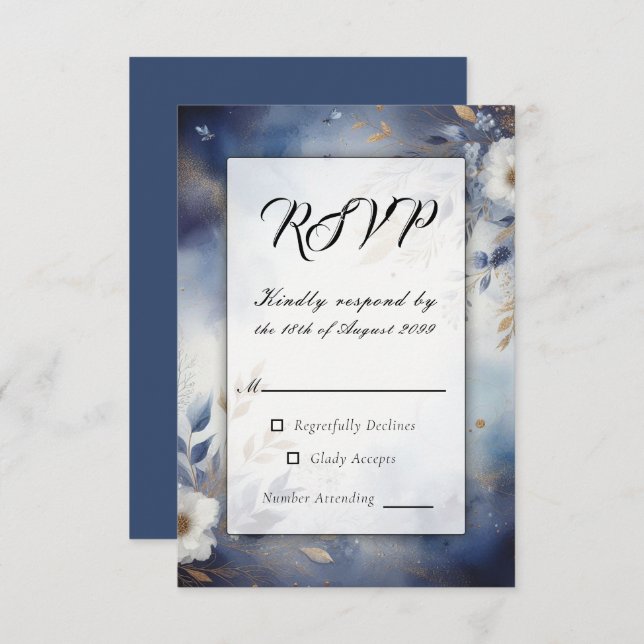 Navy Blue and Gold Floral Wedding  RSVP Card (Front/Back)