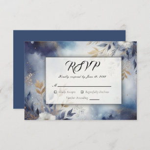 Navy Blue and Gold Floral Wedding RSVP Card