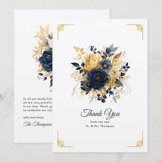 Navy Blue and Gold Floral Wedding Thank You Card (Front/Back)