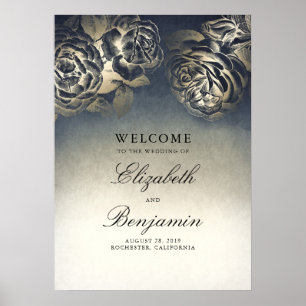 Navy Blue and Gold Floral Wedding Welcome Sign