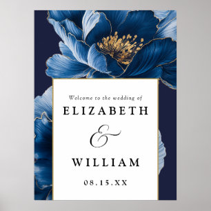 Navy Blue And Gold Floral Wedding Welcome Sign
