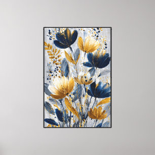 Navy Blue and Gold Flowers on Silver Background Canvas Print