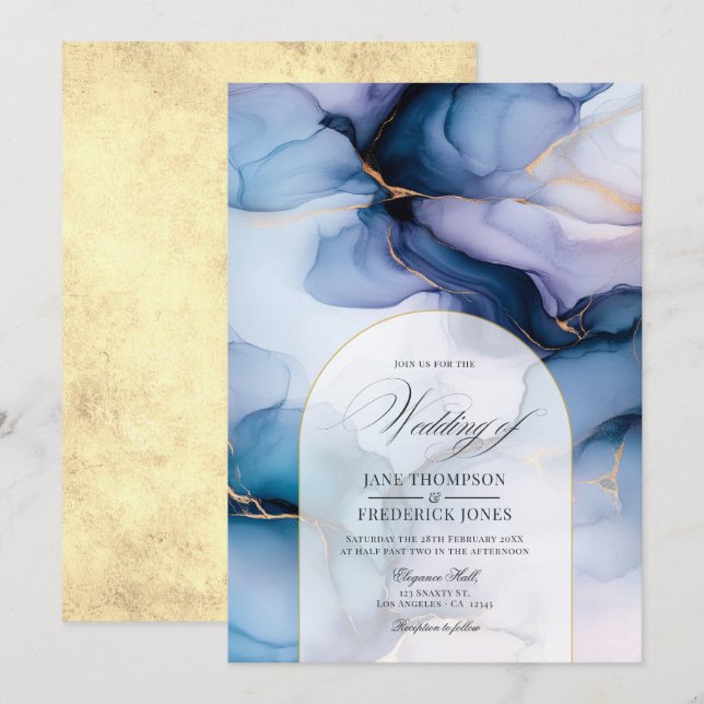 Navy Blue and Gold Flowing Alcohol Ink Wedding Invitation (Front/Back)
