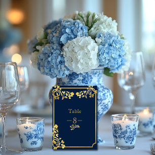 Navy  Blue and Gold Foil Roses Wedding Table Number