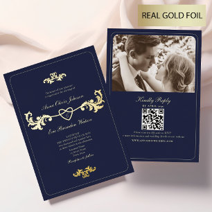 Navy Blue and Gold Foil Wedding Invitation