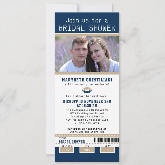 Navy Blue and Gold Football Ticket Bridal Shower Invitation (Front)