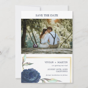 Navy Blue And Gold Frame Floral Photo Wedding Save The Date