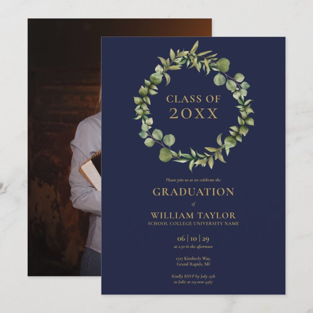 Navy Blue And Gold Garland Photo Graduation Party Invitation (Front/Back)