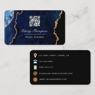 Navy Blue and Gold Geode Agate Stone QR Code Business Card