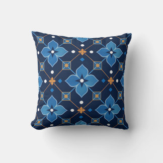 Navy Blue and Gold Geometric Floral Pattern Cushion