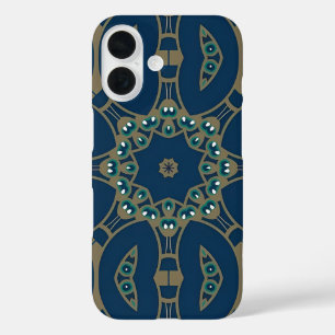 Navy Blue and Gold Geometric Octagon Pattern iPhone 16 Case