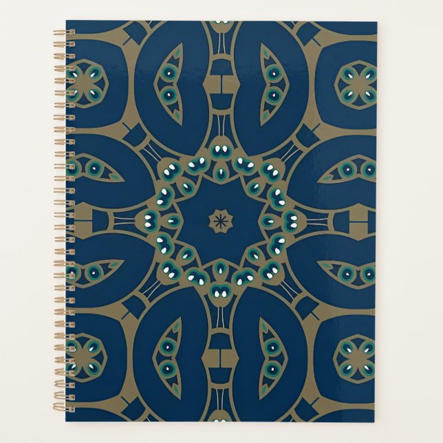 Navy Blue and Gold Geometric Octagon Pattern Planner (Front)