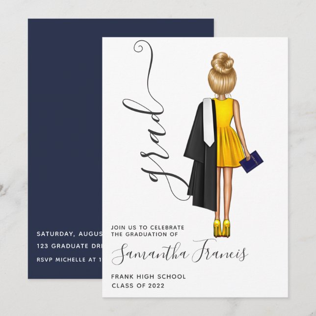 Navy Blue and Gold Girl Graduation Party Invitation (Front/Back)