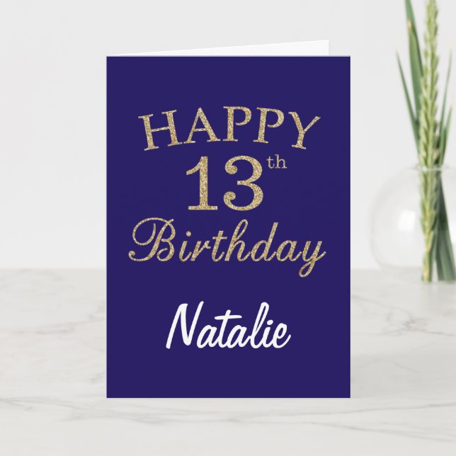 Navy Blue and Gold Glitter 13th Birthday Card (Front)
