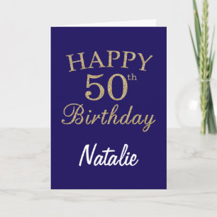Navy Blue and Gold Glitter 50th Birthday Card