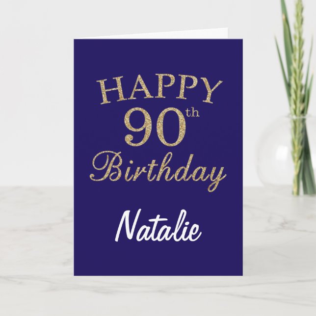 Navy Blue and Gold Glitter 90th Birthday Card (Front)