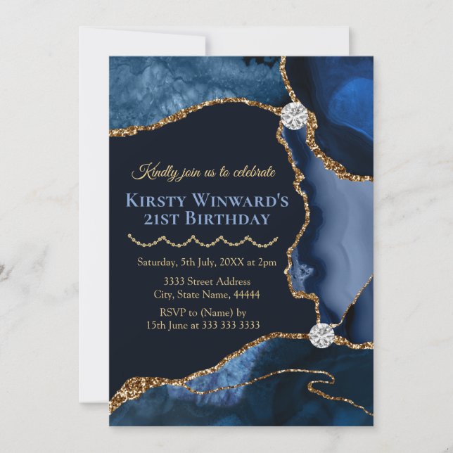 Navy Blue and Gold Glitter Agate Birthday Party Invitation (Front)