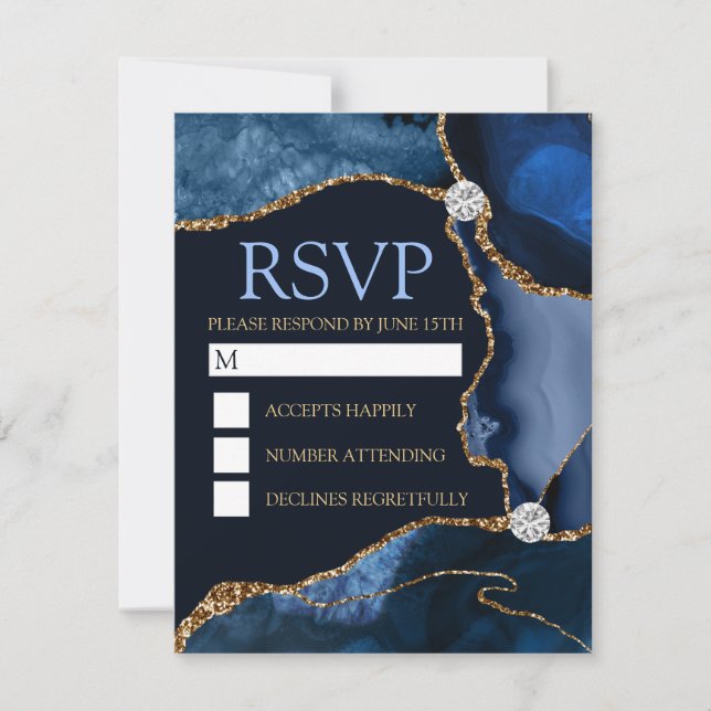 Navy Blue and Gold Glitter Agate Birthday Party RSVP Card (Front)