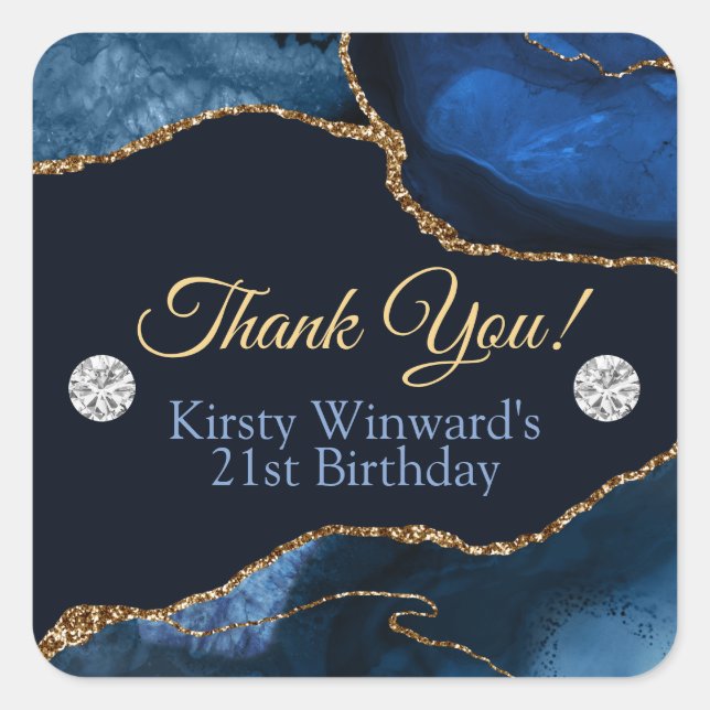 Navy Blue and Gold Glitter Agate Birthday Party Square Sticker (Front)