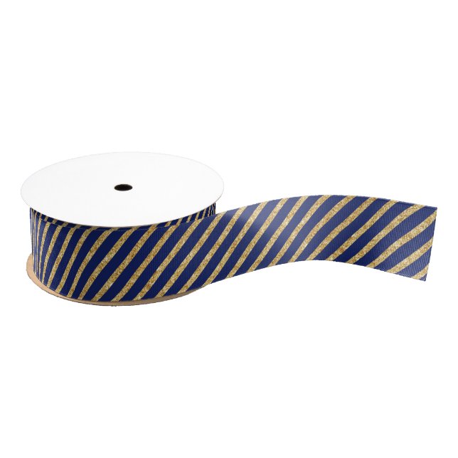 Navy Blue and Gold Glitter Diagonal Stripe Pattern Grosgrain Ribbon (Spool)