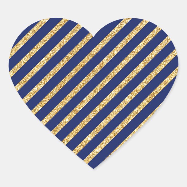 Navy Blue and Gold Glitter Diagonal Stripe Pattern Heart Sticker (Front)