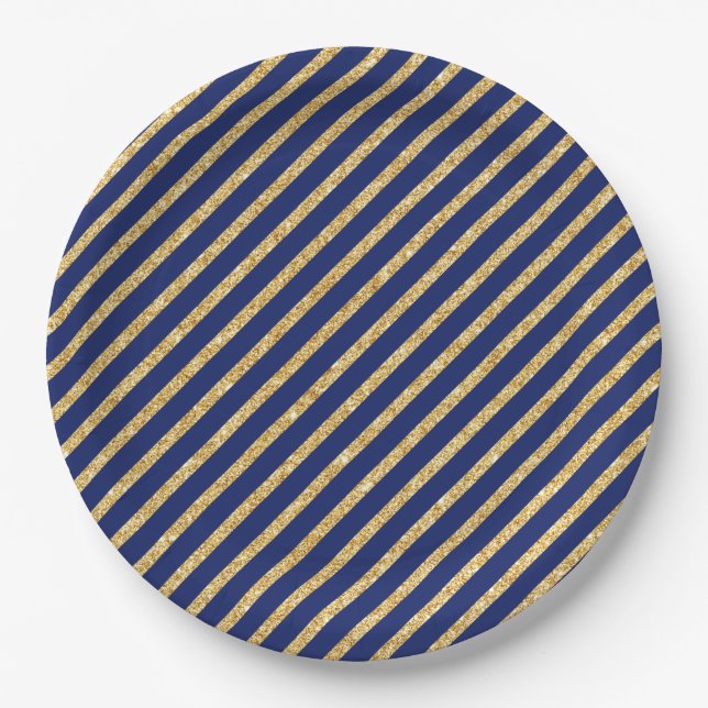 Navy Blue and Gold Glitter Diagonal Stripe Pattern Paper Plate (Front)