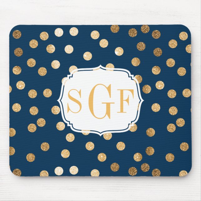 Navy Blue and Gold Glitter Dots Monogrammed Mouse Mat (Front)