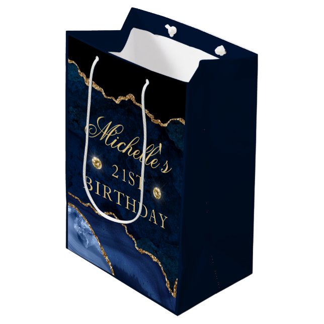 Navy Blue and Gold Glitter Marble Agate Birthday Medium Gift Bag (Front Angled)