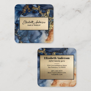 Navy Blue and Gold Glitter Marble Agate Modern Square Business Card