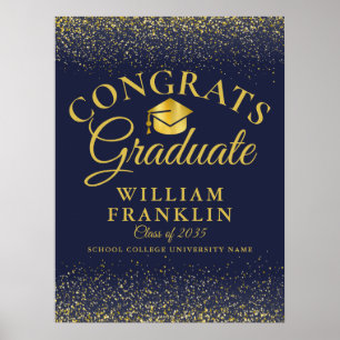 Navy Blue And Gold Glitter Modern Graduation Sign