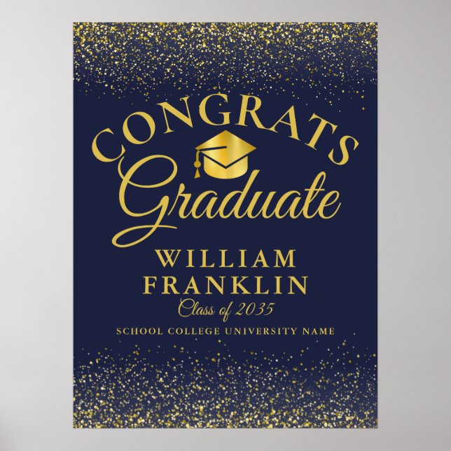Navy Blue And Gold Glitter Modern Graduation Sign (Front)