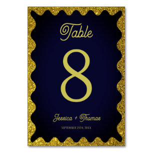 Navy Blue and Gold Glitters Wavy Retro Wedding Table Number