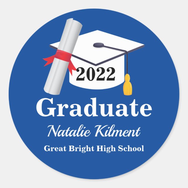 Navy Blue and Gold Graduation Cap Class of 2022 Classic Round Sticker (Front)