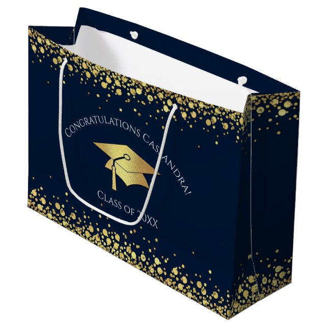 Navy Blue and Gold Graduation Large Gift Bag (Front Angled)