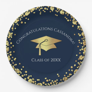 Navy Blue and Gold Graduation Paper Plate