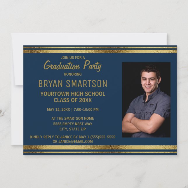 Navy Blue and Gold Graduation Party Photo Invite (Front)