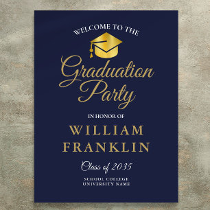 Navy Blue And Gold Graduation Party Welcome Sign